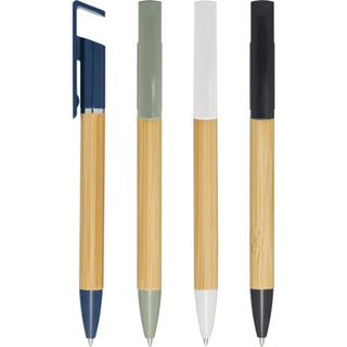 Delfina Phone Holder Pen - A set of four pens with bamboo barrels, featuring navy, olive, white, and black accents. Each pen has a clip.