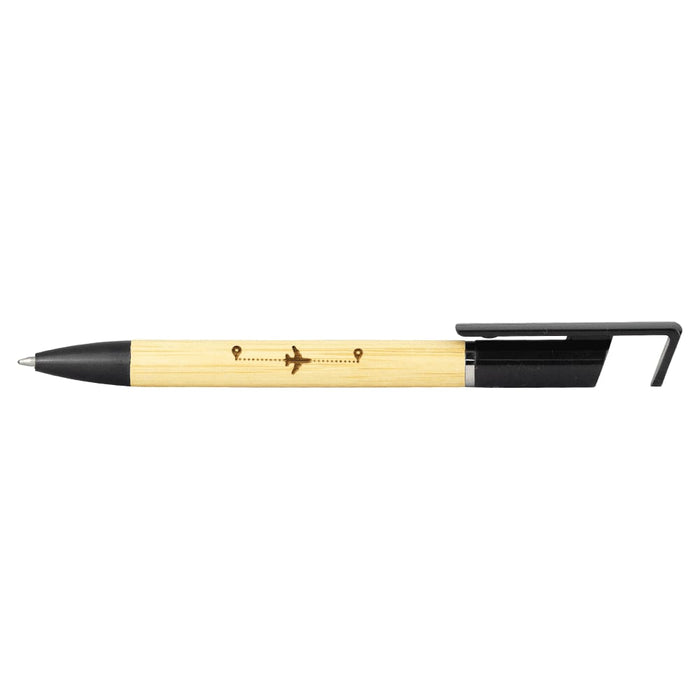 Delfina Phone Holder Pen - A bamboo pen with a black top and clip, featuring an aircraft design on the barrel, and a logo.