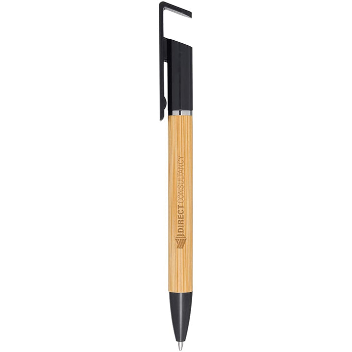 Delfina Phone Holder Pen - A bamboo and black pen with a clip and branding on the barrel. Designed for easy holding and writing.