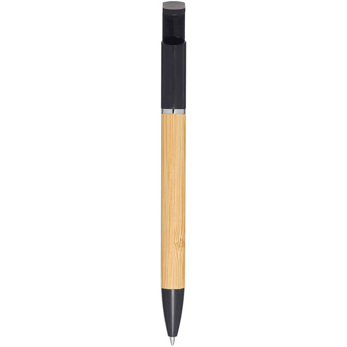 Delfina Phone Holder Pen - A bamboo pen with a black top and tip, featuring a simple design and a logo on the barrel.
