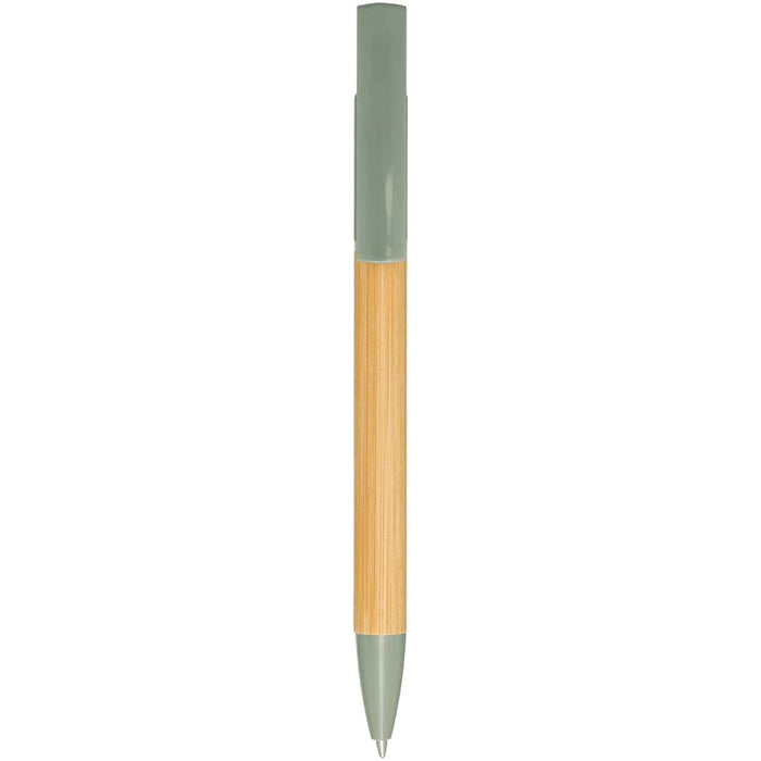 Delfina Phone Holder Pen - A pen with a bamboo body and a green plastic top, featuring a clip and a logo.