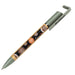 Delfina Phone Holder Pen - A green pen with a decorative pattern featuring earthy tones and circular designs, including a clip for holding.