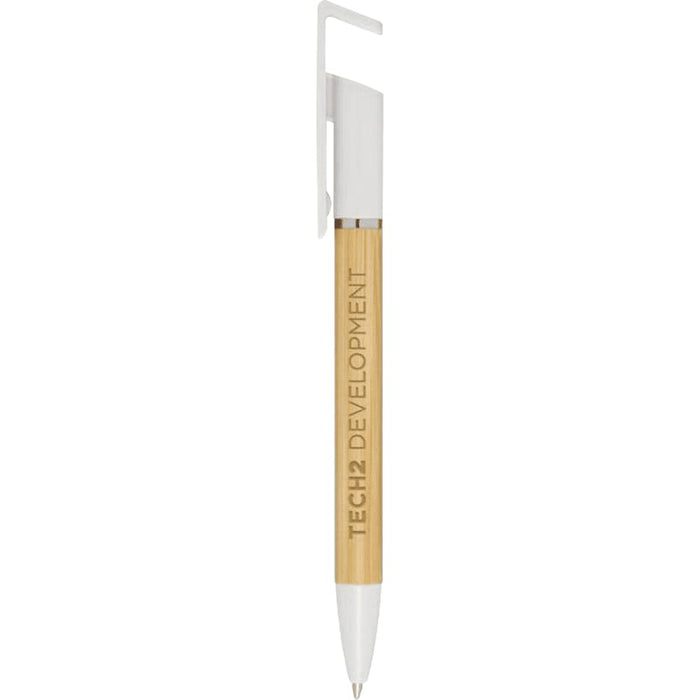 Delfina Phone Holder Pen - A bamboo pen with a white clip and engraved branding on the barrel, designed for writing activities.