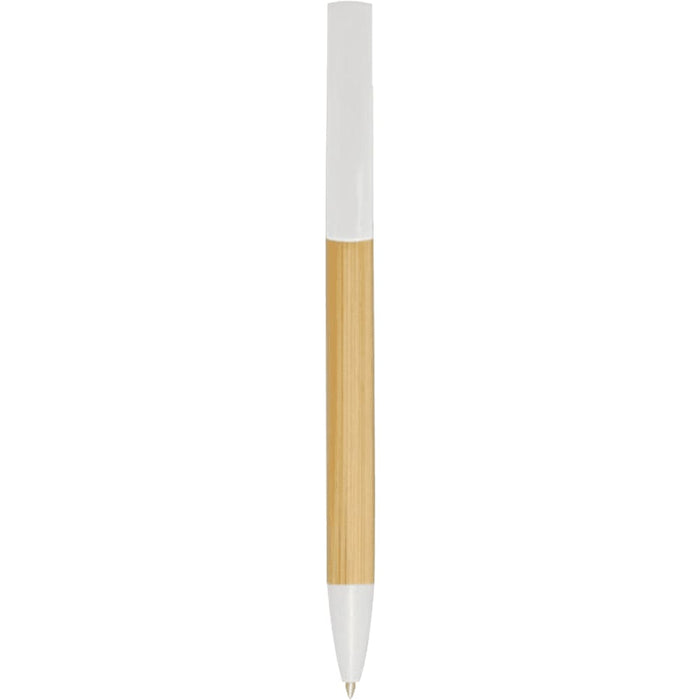 Delfina Phone Holder Pen - A pen with a bamboo body and white accents, featuring a logo on the surface.