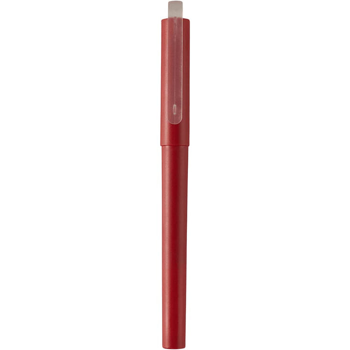 Mauna Recycled PET Gel Rollerball Pen - A red gel rollerball pen with a transparent cap and a sleek design. It features a logo on the body.