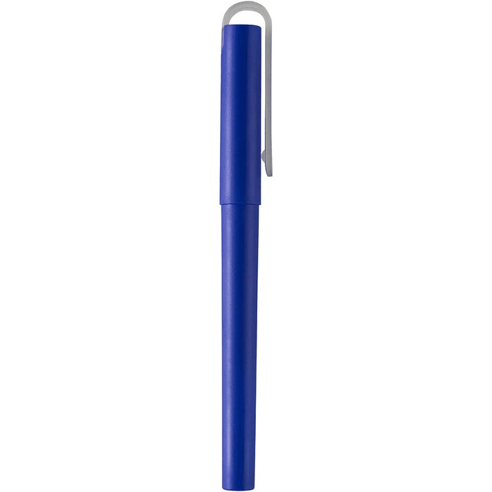 Mauna Recycled PET Gel Rollerball Pen - A blue rollerball pen with a silver clip, made from recycled PET material, featuring a logo.