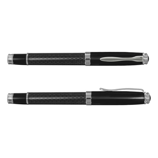 Statesman Rolling Ball Pen - A sleek black rolling ball pen with a carbon fibre grip and chrome accents, featuring a polished clip and branding.