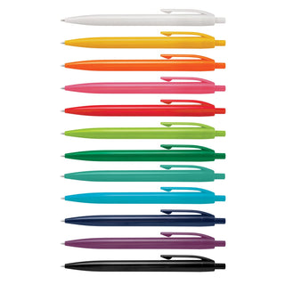 Omega Pen - A collection of plastic pens in white, orange, yellow, pink, green, blue, purple, and black, with one logo visible.