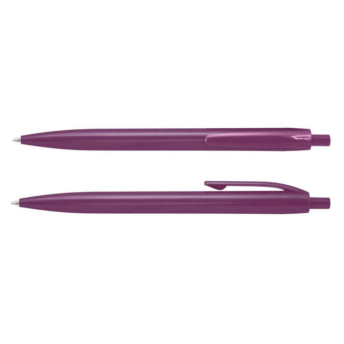 Omega Pen - Two purple plastic pens are displayed, featuring a smooth design and a clip for secure attachment.