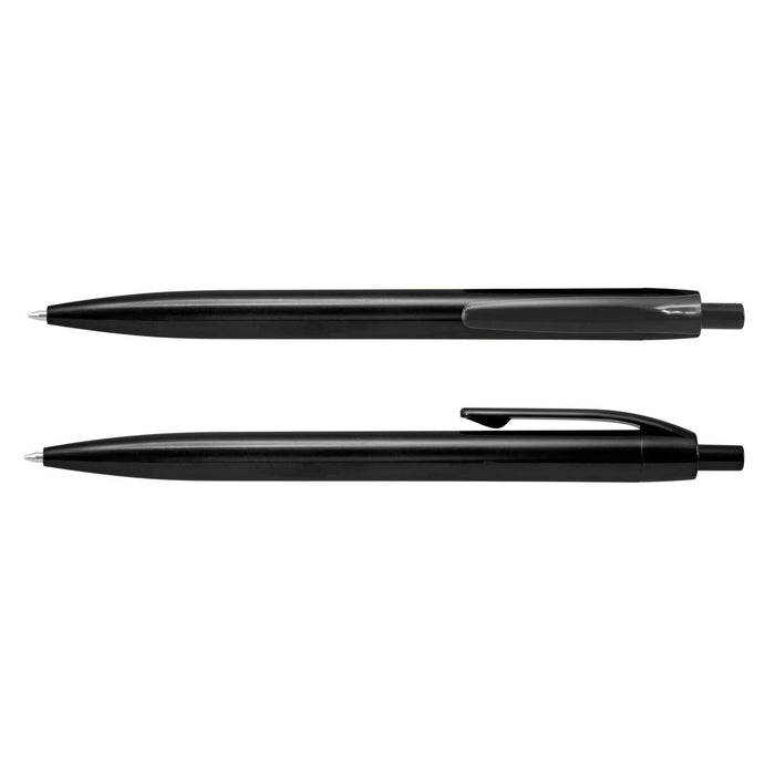 Omega Pen - A set of black plastic pens displayed from two angles, featuring a sleek design and a clip for attachment.