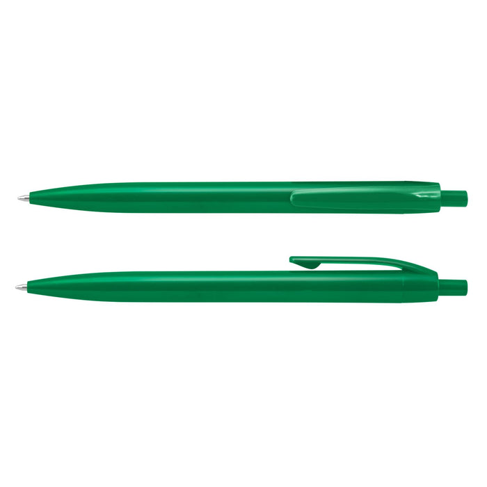 Omega Pen - A green plastic pen with a sleek design, featuring a clip and smooth writing tip. It has a logo.