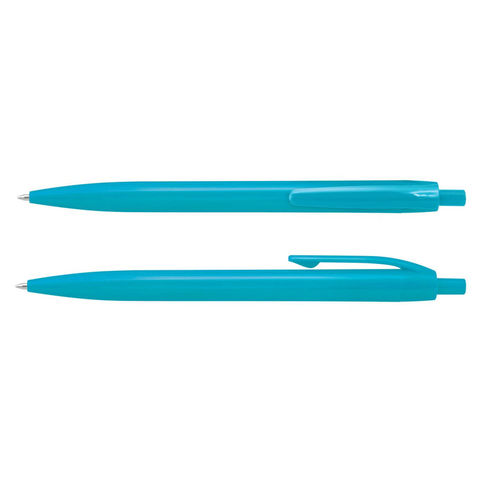 Omega Pen - Two turquoise plastic pens laid parallel, featuring clip designs and a glossy finish. The pens have branding on them.