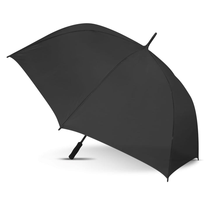 Hydra Sports Umbrella -  Colour Match - A black sports umbrella with a curved canopy and a sturdy handle. It features a branding logo.