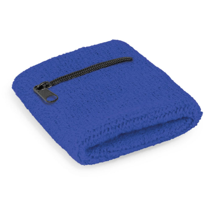 Wrist Sweat Band with Pocket - A blue wrist sweat band with a small zip pocket. The band features a textured fabric and a zipper.