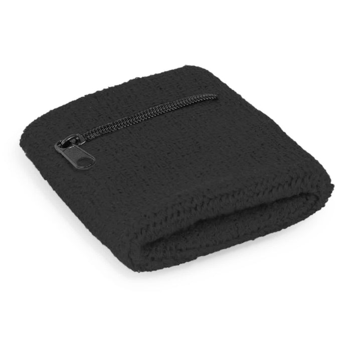 Wrist Sweat Band with Pocket - A black wrist sweat band featuring a zippered pocket for small items. It has a textured surface and a compact design.