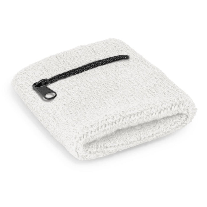 Wrist Sweat Band with Pocket - A white wrist sweat band with a small zippered pocket, featuring a textured fabric design.