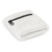 Wrist Sweat Band with Pocket - A white wrist sweat band with a small zippered pocket, featuring a textured fabric design.
