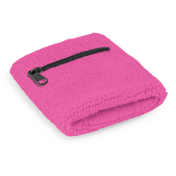 Wrist Sweat Band with Pocket - A pink wrist sweat band with a zippered pocket, made from textured material. It features a small logo.