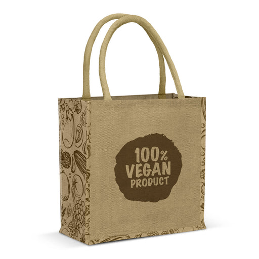 Monza Jute Tote Bag - A jute tote bag in natural tones with a patterned design and a logo featuring a vegan message.