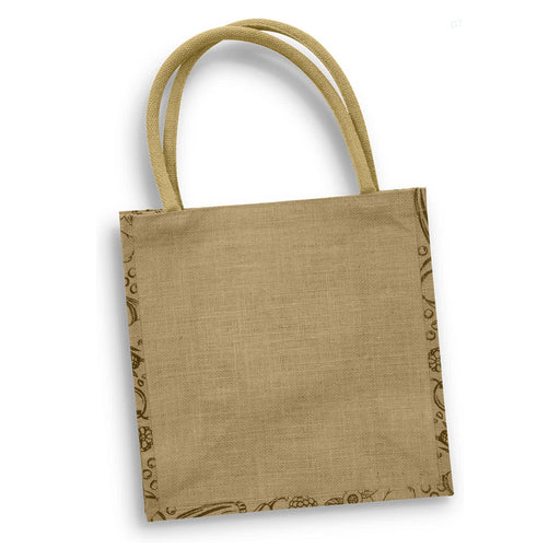 Monza Jute Tote Bag - A jute tote bag in a natural beige colour with handle straps and decorative edges. Features a logo.