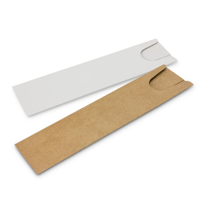 Infinity Inkless Bamboo Pen - Two pen sleeves in white and brown, designed for packaging pens, featuring a cut-out for easy access.