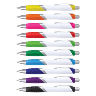 Borg Pen - White Barrel - A collection of plastic pens with white barrels and various vibrant grip colours, including yellow, orange, pink, and purple.