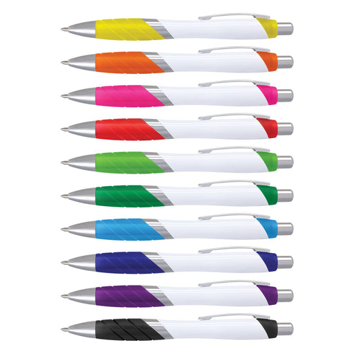 Borg Pen - White Barrel - A collection of plastic pens with white barrels and various vibrant grip colours, including yellow, orange, pink, and purple.