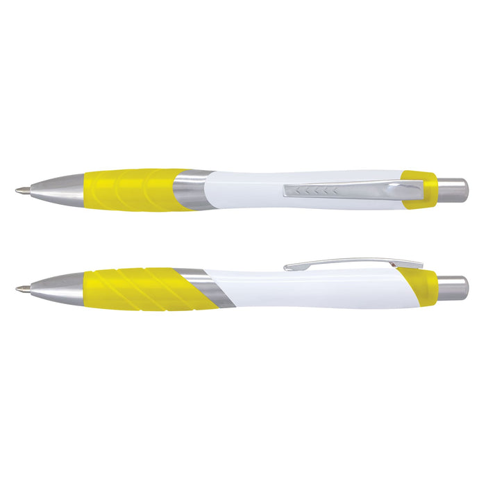 Borg Pen - White Barrel - A pen with a white barrel and yellow grip, featuring a silver clip and tip.