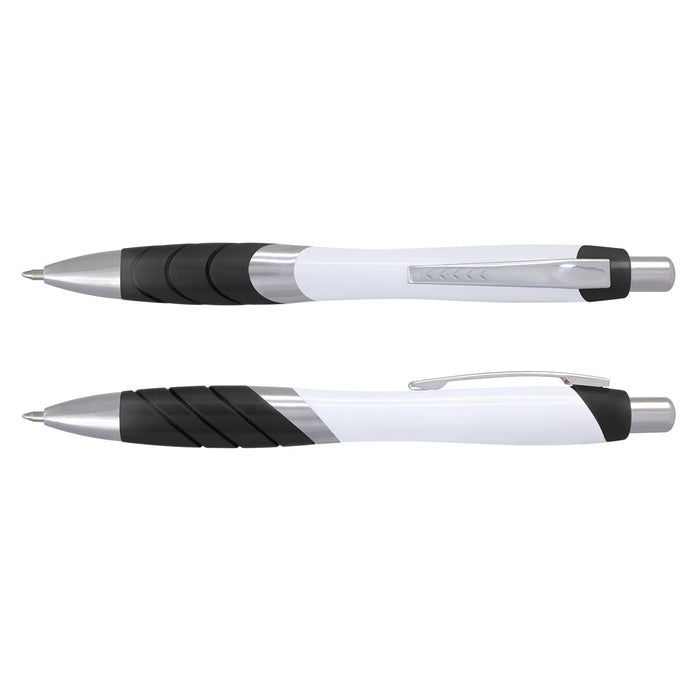 Borg Pen - White Barrel - A white barrel pen with black grip and silver accents, featuring a logo on the side.
