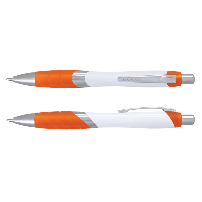 Borg Pen - White Barrel - A white plastic pen with orange accents and a silver clip. It features a textured grip for comfort.