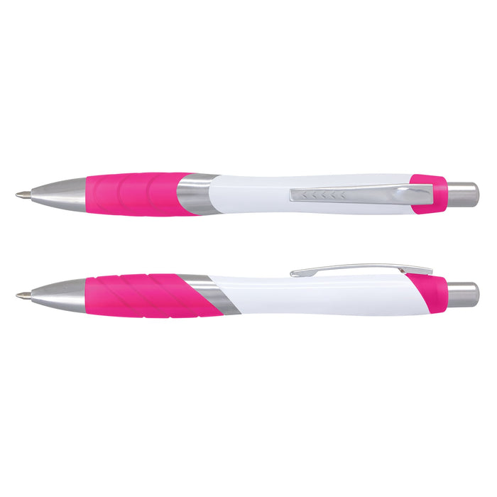 Borg Pen - White Barrel - A pen with a white barrel and bright pink rubber grip, featuring silver accents and a clip.
