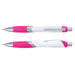 Borg Pen - White Barrel - A pen with a white barrel and bright pink rubber grip, featuring silver accents and a clip.