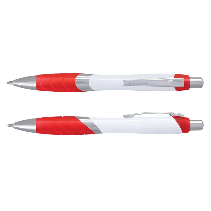 Borg Pen - White Barrel - A plastic pen with a white barrel and red accents, featuring a silver clip and grip sections.