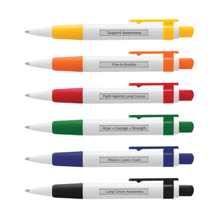 Big Message Pen - A set of six plastic pens in various colours, each with a different message, featuring a logo on the body.