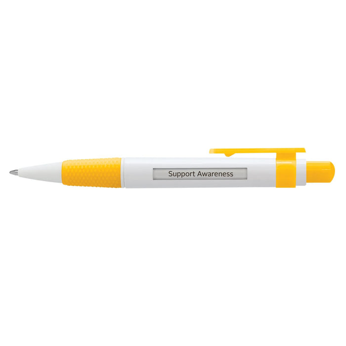 Big Message Pen - A plastic pen in white and yellow with a prominent window display and a clip for attaching.