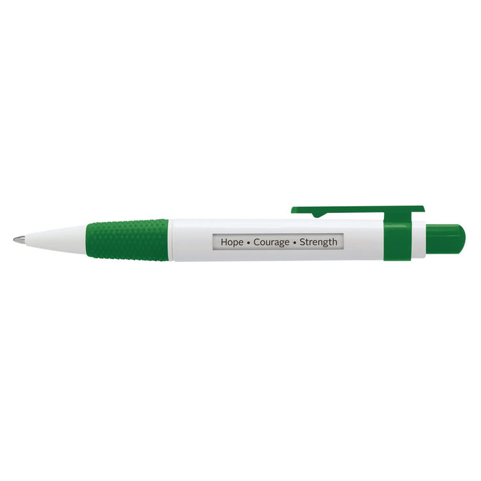 Big Message Pen - A green and white plastic pen with a grip and a logo. The pen features three words: Hope, Courage, and Strength.