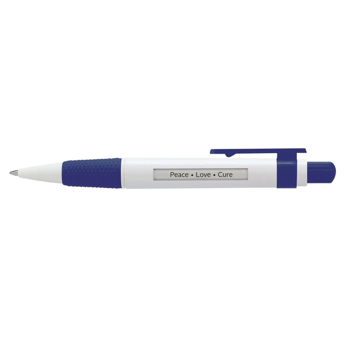 Big Message Pen - A plastic pen featuring a blue grip and clip, with a central display area that reads "Peace • Love • Cure."