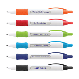 Atara Message Pen - A collection of six plastic pens in white with coloured grips and accents: orange, green, blue, and black.