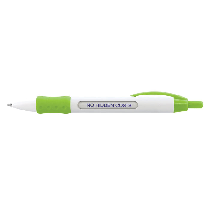 Atara Message Pen - A white and green pen with a logo, featuring a retractable design and a grip section.