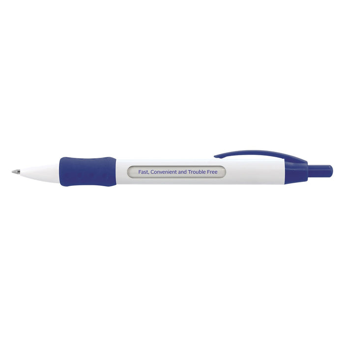 Atara Message Pen - A white and blue plastic pen featuring a textured grip and a branding logo.