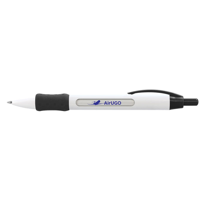 Atara Message Pen - A plastic pen in white with a black grip and a logo on the barrel.