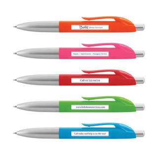Spin Message Pen - Five plastic pens with silver barrels and colourful grips: orange, pink, green, and blue. Each has a logo.