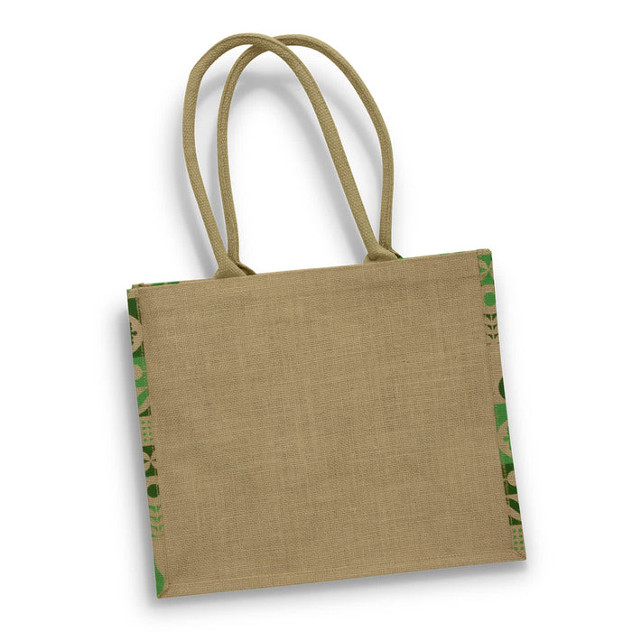 Torino Jute Tote Bag - A jute tote bag in a natural beige colour with green accents and two handles. It features a logo on one side.