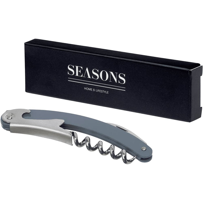 Seasons Nordkapp Waitress Knife - A grey waitress knife with a silver corkscrew, presented in a black box featuring a logo.