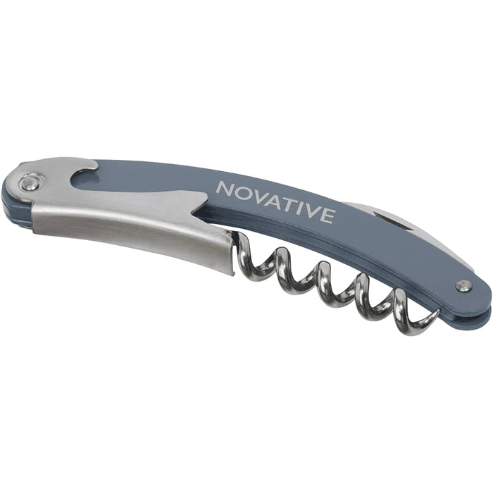 Seasons Nordkapp Waitress Knife - A blue waitress knife featuring a silver corkscrew and a clip, with a logo on one side.