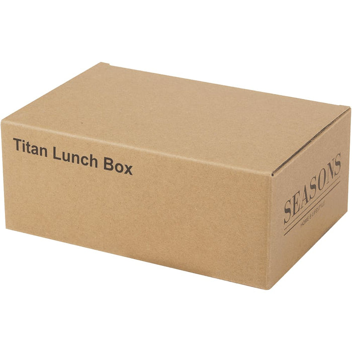 Seasons Titan Recycled Stainless Steel Lunch Box - A recycled cardboard box containing a stainless steel lunch box in a natural brown colour, featuring branding.