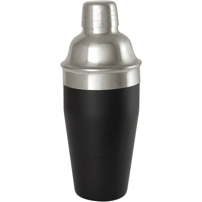 Seasons Gaudie Recycled Stainless Steel Cocktail Shaker - A stainless steel cocktail shaker featuring a black matte finish and a silver top, with a logo on the side.