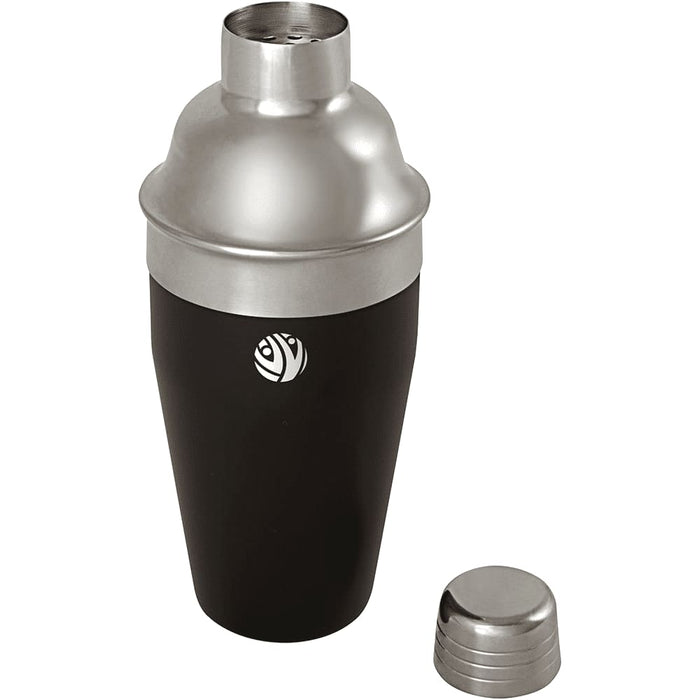Seasons Gaudie Recycled Stainless Steel Cocktail Shaker - A stainless steel cocktail shaker in black with a silver lid and base, featuring a branding logo.