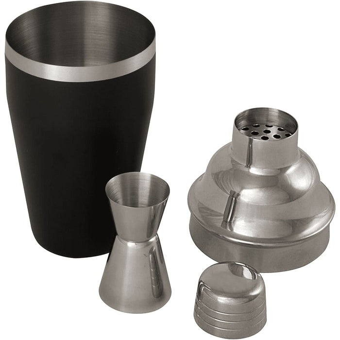 Seasons Gaudie Recycled Stainless Steel Cocktail Shaker - A black stainless steel cocktail shaker set featuring a shaker, jigger, strainer, and lid in silver.