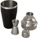 Seasons Gaudie Recycled Stainless Steel Cocktail Shaker - A black stainless steel cocktail shaker set featuring a shaker, jigger, strainer, and lid in silver.